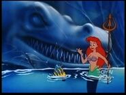 The T. rex frozen in the ice before Ariel thaws it with King Triton's trident.