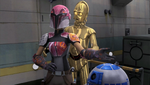 C-3PO, Sabine Wren, and R2-D2