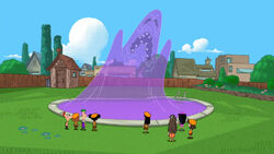 Phineas and Ferb along with their friends watching the evil gelatin monster come to life.