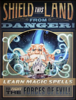 Promotional art featuring Merlin, Main Street, U.S.A., and Cinderella Castle.