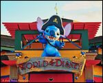 Stitch with a pirate hat on top of the World of Disney store