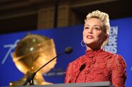 Sharon Stone speaks onstage during the 75th Annual Golden Globe Nominations in December 2017.