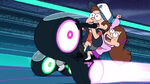Dipper and Mabel riding a vehicle similar in appearance to a Light Cycle.