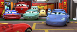 Sally and her friends arriving in  to help find Mater.
