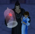Xaldin secuestra a Bella y la Rosa en Kingdom Hearts II.