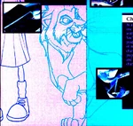 An early concept design of adolescent Kovu from a 1996 Disney Television Animation brochure, standing next to an early version of Gretchen Grundler