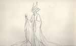 Production drawing of evilly smiling Maleficent.