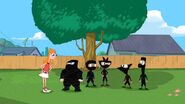 Candace looking at Phineas and friends, who are dressed as ninjas.