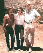 Paul Brinegar, director Fred R. Krug and Alan Napier on The Golden Dog location at Corona de Tucson, Arizona in 1974