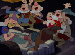 The dwarfs cheering for Snow White's decision to stay, much to  annoyance.