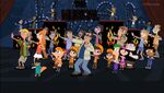 Kenny Ortega (center) appearing on Phineas and Ferb giving instructions to the cast during Carpe Diem, the finale to "Rollercoaster: The Musical!"