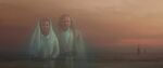 Leia and Luke's Force spirits watching Rey.