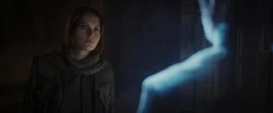 Jyn viewing her father's message, learning of the Death Star's weakness.