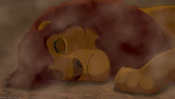 Mufasa's dead body lying in the gorge.