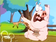 Timon hits Mr. Pig with a mallet