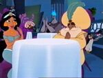 Jasmine and the Sultan clapping in a 3D CGI table along with the Penguin Waiters, Cheshire Cat and Hades