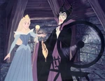 A 1959 publicity still of Maleficent luring Aurora to the spinning wheel.