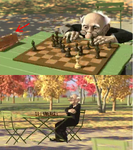 The chess box is shown to be falling in the above scene, but it cannot be seen anywhere on the ground in the ending scene below.