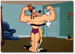 Goofy behind the body of the muscle chart believing he has built his muscular development