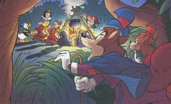 Horado Juan y Gedeón espiando a Blancanieves y los siete enanitos.