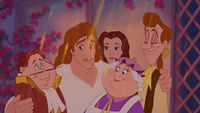 Mrs. Potts as a human with Prince Adam, Lumière, and Cogsworth