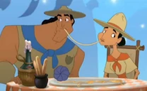 Kronk y Birdwell comiendo espaguetis.