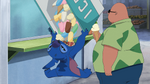 The Ice Cream Man watching Stitch eating all the ice cream from a commercial cooler