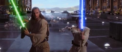 Obi-Wan battling beside Qui-Gon.