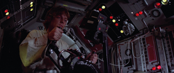 Luke manning one of the Millennium Falcon'"`UNIQ--nowiki-00000003-QINU`"''s turrets.