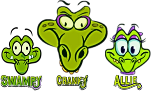 Swampy, his girlfriend Allie & Cranky head and logo