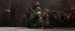 Lord Dingwall, King Fergus, and the other Lords having their ears pulled like schoolboys by Queen Elinor to stop the fight