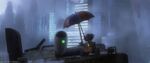 WALL-E shelters EVE with an umbrella during heavy rain