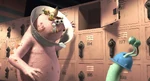 George opens his locker, and the toys Sulley stuffed inside earlier fall on him.