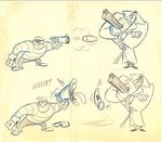 A conceptual sketch of Captain Cleaver and a bank robber with a toon gun and a toon bullet by Darrell Van Citters.