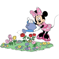 Minnie regando las flores.