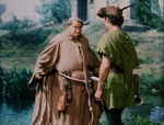 Robin forcing Friar Tuck at knife point to carry him across the stream to the abbey