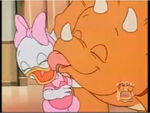 Webby gets a lick from Tootsie the Triceratops