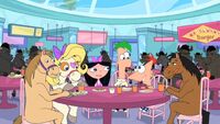 Isabella, Phineas, and Ferb eating