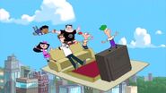 Phineas, Ferb, Lawrence and the kids riding a magic carpet.