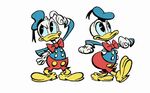 2 poses for Donald Duck in Mickey's shorts, shoes, and gloves