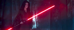 A dark version of Rey holding a double-bladed lightsaber during a vision.