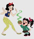 Snow White worried as Vanellope von Schweetz is about to eat the poisoned apple