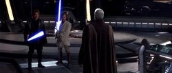 Obi-Wan battling beside Anakin.