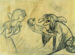 Story sketch of the Witch tempting Snow White with the poisoned apple by a Disney Studio Artist (1).