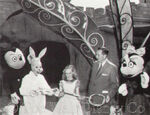 Walt with Mickey, Minnie, Alice and the White Rabbit at the opening of the Alice in Wonderland attraction at Disneyland in 1958.