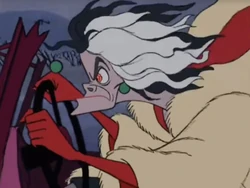 A crazed and obsessively determined Cruella chasing after the puppies in her car.