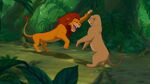 Simba pins a lioness into the ground.