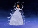 The dress transformed into silvery ballgown by Fairy Godmother.
