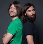 Jason Schwartzman and his brother, Robert posing for photos for Glamour in April 2016.