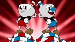 Cuphead and Mugman wearing Mickey and Oswald's shorts.